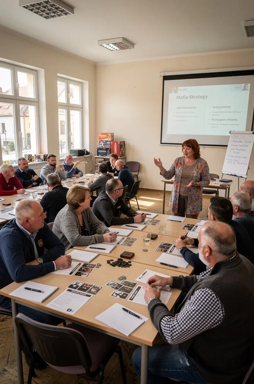 Adults engaged in social deduction game night